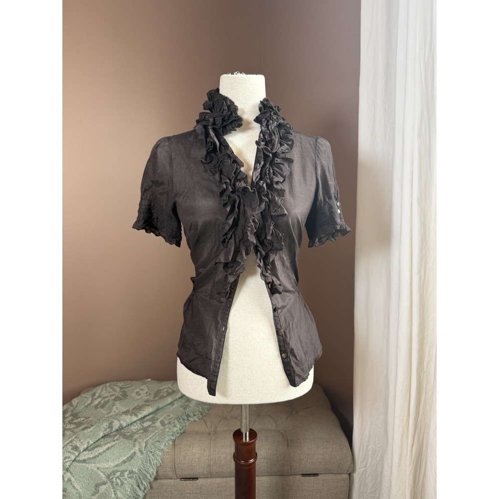 Etcetera Brown/Black Silk Blend Ruffle Blouse Size 8 Feminine Romantic Button Up